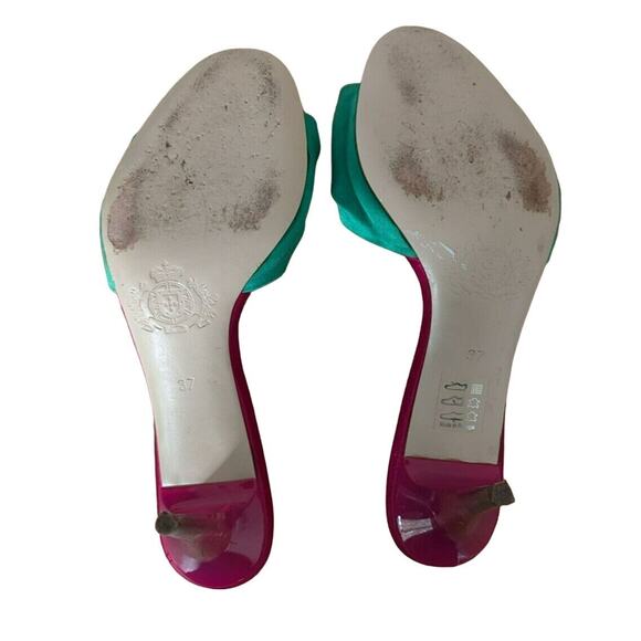 Luis Onofre Satin Bow Heels 6.5 Green Pink Jewel Slip On Designer Sandals Shoes - Picture 6 of 7